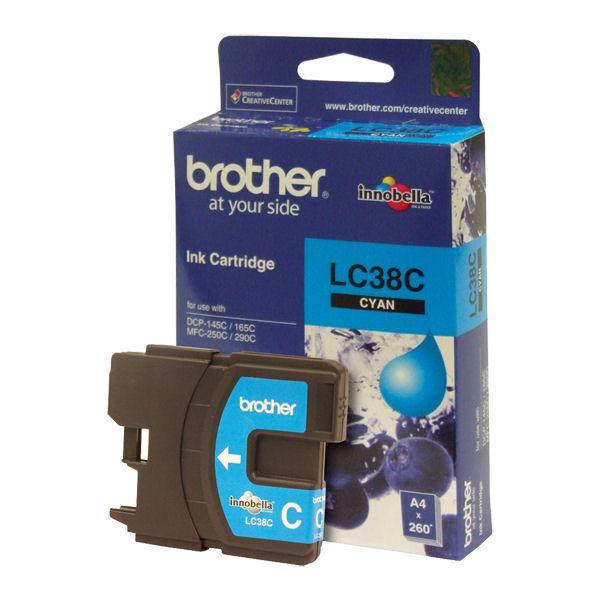 Brother LC-38C Cyan Ink Cartridge designed for DCP-145C/165C/195C/375CW printers, showcasing vibrant cyan color.